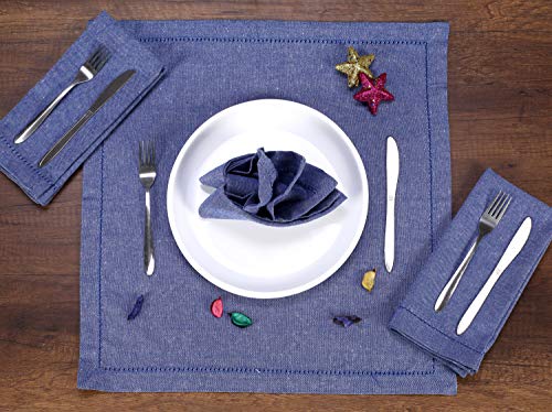 Ramanta Home 12-Pack 100% Hemstitched Cotton Dinner Napkin Oversized 20x20 - Chambray Cloth Napkin Soft Absorbent Comfortable for Events and Daily Use - Blue