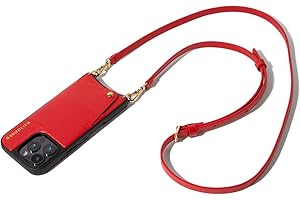 Bandolier Emma Crossbody Wallet Phone Case for iPhone 16 Pro Max. 100% Genuine Pebble Leather. Adjustable & Removable Crossbody Strap. Card Holder with Snap Closure. Red with Gold Hardware
