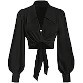 SweatyRocks Women's Button up Collar Cropped Shirt Long Sleeve Self Wrap Crop Top Blouse