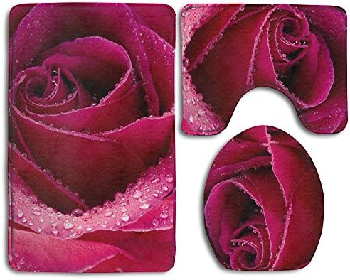 QDXY Water Drip Pink Rose Bathroom Accessories Bath Rug Sets 3 Piece Bathroom Non-Slip Floor Mats Pedestal Rug + Lid Toilet Cover + Bath Mat