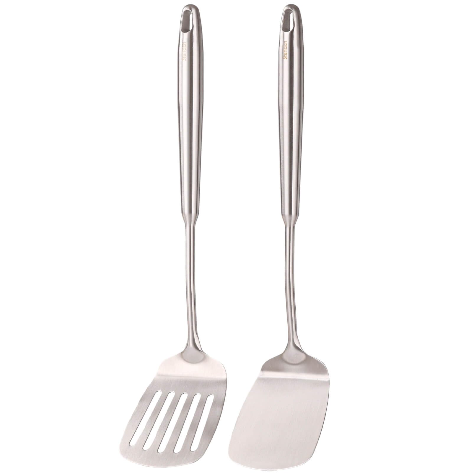 Photo 1 of 18/10 Stainless Steel Spatulas Set - 15” Long Spatulas for Kitchen, Metal Cooking Utensils - 1 Slotted Spatula + 1 Solid Turner (style A - all metal brushed)