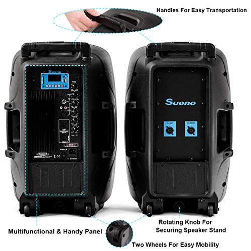 Suono Dual 2-Way Powered PA Speaker System Combo Kit, Portable 12'' 2000W DJ Active + Passive Loud Speakers Set with 2 Speaker Stands, Microphone, Bluetooth, USB/SD, 1/4" Line RCA, FM Radio,XLR Input