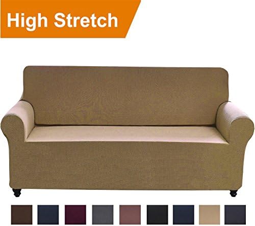 Chelzen Stretch Sofa Covers 1-Piece Polyester Spandex Fabric Living Room Couch Slipcovers (Medium, Pink Khaki)