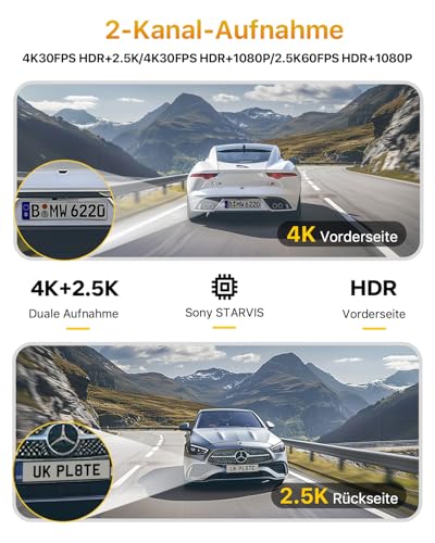 Car Dash Cam, Dual 4K 60fps+2.5K, 5G WiFi Car Camera with SD 64G, 1.47 Inch IPS Screen, GPS, Super Night Vision, G-Sensor, Loop Recording, HDR, 360° Rotating, Max 512GB