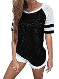 Voopptaw Women's Short Sleeve Raglan Tee Round Neck Color Block Striped T-Shirt Top