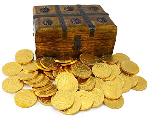 WellPackBox Wood Pirate Treasure Chest Box 50 Gold Chocolate Coins Candy