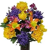 Yellow Peony and Purple Fuju Mums Artificial Bouquet, featuring the Stay-In-The-Vase Design(c) Flower Holder (MD1395)