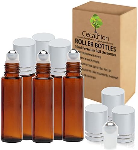Cecathlon Roller Bottles 10ml 1/3 oz empty refillable Clear Elegant glass bottle with Metal Ball &amp; Aluminum Cap for mixing essential oils 100% No Hassle (Amber)