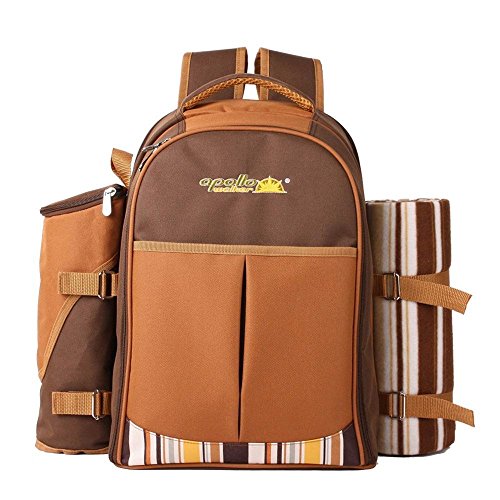 TAWA Picnic Backpack Bag for 4 Person With Cooler Compartment, Detachable Bottle/Wine Holder, Fleece Blanket, Plates and Cutlery (Coffee)