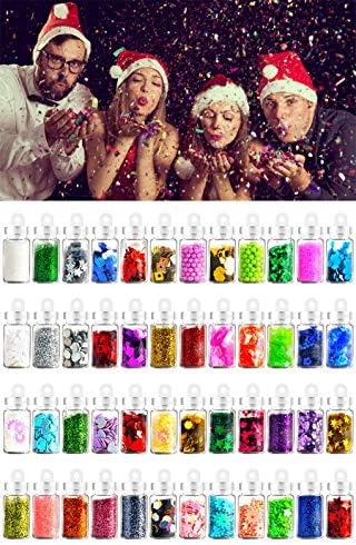 Imanom 48 Colors Festival Glitter Face Body Hair Nails Decoration, 3D Nail Art Glitter Powder,Stone Rhinestones, Sequins Nail Salons Equipment for Christmas, Halloween DIY Craft Designs