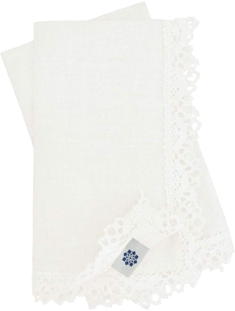 Linen & Cotton Set of 2 x Luxury Crochet Edged Napkins CELESTE - 15.6'' x 15.6'' (39cm x 39cm), 100% Linen (White)