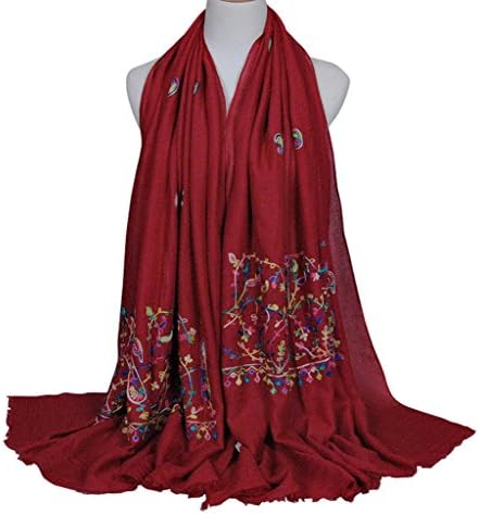 Alysee Women Cotton Embroidery Pattern Long Scarf Shawl Wrap Color Burgundy