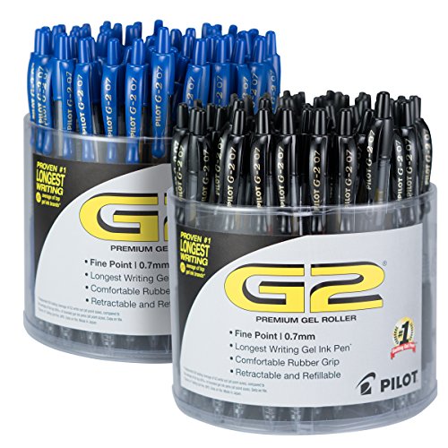 PILOT G2 Premium Refillable & Retractable Rolling Ball Gel Pens, Fine Point, Black/Blue Inks, Pack of 2 Tubs (144 Total) (56040)