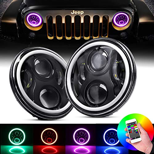 DOT Approved 7'' LED Headlight RGB Halo Ring Angle Eye Bluetooth Remote Control for 1997~2018 Jeep Wrangler JK TJ LJ CJ Sahara Sport Rubicon Willys Hummer H1 H2 2 Years Warranty