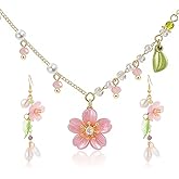 QLYOVWE Lily of the Valley Pearl Necklace Earrings Set for Women Pink Flower Dangle Earrings Woodland Elf Fantasy Necklace Summer Refreshing Seaside Idyllic Holiday Jewelry Gift