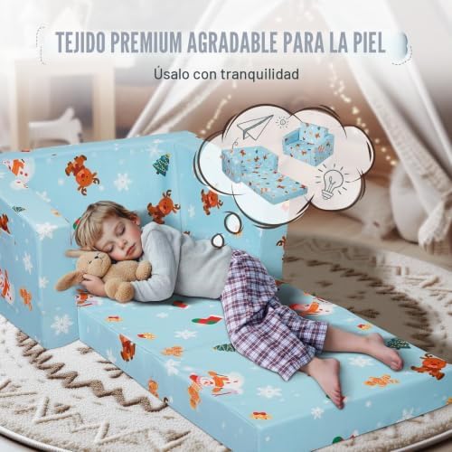 Silla de Bebé Plegable 2 en 1, Sofá Cama para Niños Pequeños, Sofá de Espuma Suave y Cómodo, Tumbona Convertible para Bebé, Asiento de Silla con Dibujos Animados, Azul, 1040 x 580 x 320 mm