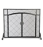 Celtic Knot Large Fireplace Screen with Hinged Doors, Powder Coated Steel Frame, Metal Mesh, Decorative Design, Free Standing Spark Guard- 44 W x 33 H Black