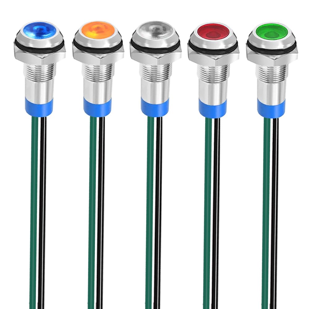 Gebildet 5pcs 8mm 3V-4.5V-5V-6V-7.5V-9VDC LED Metal Indicator Light Waterproof Signal Lamp Pilot Dash Directional Car Truck Boat with Wire(Red/Orange/Blue/Green/White)