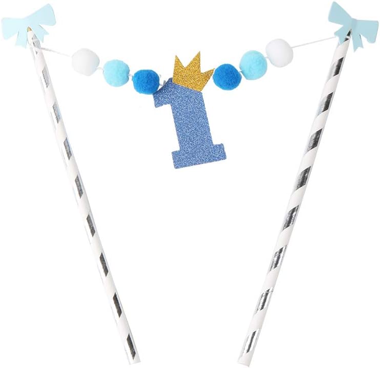 YUINYO First Birthday Party Decoration happy birthday banner cake topper,Happy Birthday Cake Bunting "One" Banner Cake Topper Garland(Blue Bow)