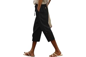 Linen Pants Women Lightweight Quick Dry Beach Capris Hollow Out Embroidery Side Summer Capri Vacation Crop Trousers