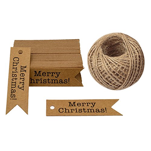 jijAcraft Merry Christmas Tags - 100Pcs Holiday Gift Tags with String, Brown Small Christmas Gift Wrapping Labels Tag for Xmas Party Favors, Jar, DIY CraftsThe Forest Stewardship Council