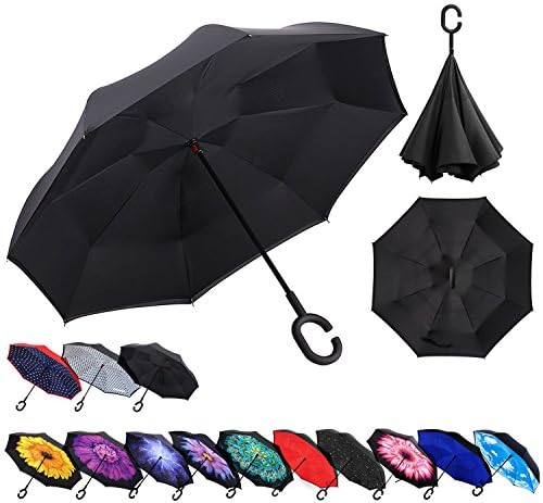 Zameka Double Layer Inverted Umbrellas Reverse Folding Umbrella Windproof UV Protection Big Straight Umbrella Inside Out Upside Down Car Rain Outdoor C-Shaped Handle