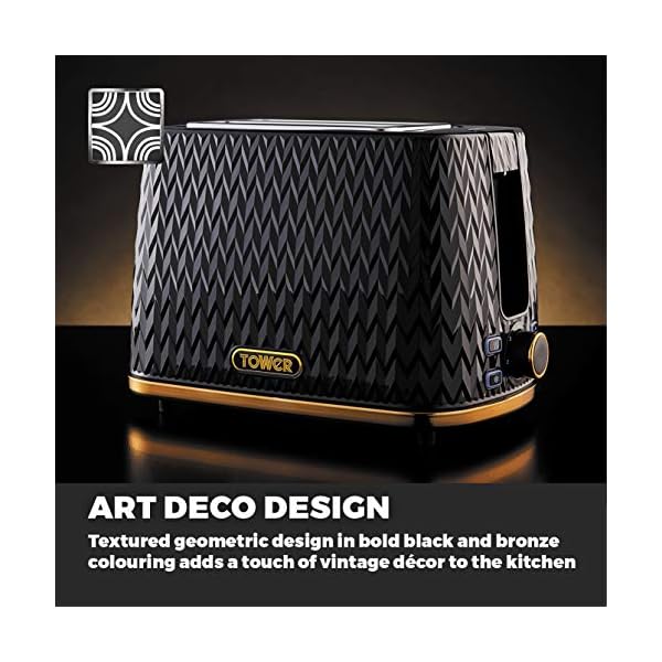 Tower-T20054BLK-Empire-2-Slice-Toaster-with-DefrostReheat-Removable-Crumb-Tray-900-W-Black-with-Brass-Accents Tower T20054BLK Empire 2-Slice Toaster with Defrost/Reheat, Removable Crumb Tray, 900W, Black and Brass