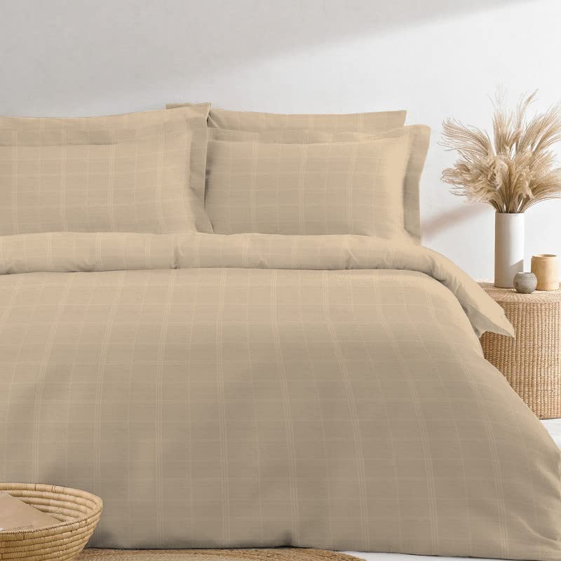 Photo 1 of Pizuna Cotton Twin Duvet Cover Set, 300 Thread Count Long Staple Cotton Sateen Weave with Button Closure (Combed Checks Luxury Taupe Cotton Duvet Cover Twin)