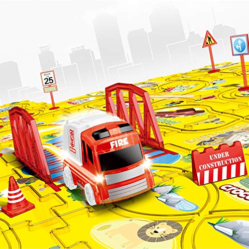 Mini Tudou DIY Puzzle Tracks Car Set Fire Engine Themed Vehicle Interchangeable Tracks 18 Pcs Sets Toys for Over 3 Year Old Boys Girls