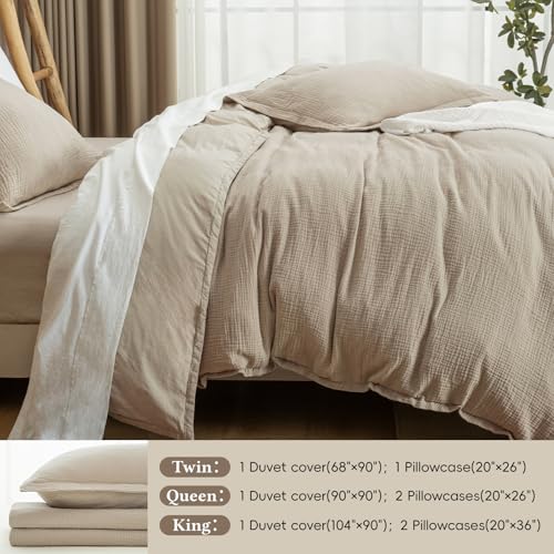 David's Home 100% Cotton Muslin Duvet Cover Set King Size,3 Pcs Soft Breathable & Lightweight Gauze Bedding Set with 2 Pillowcases,Textured Home Decor with Button, 104"×90" Natural/Oat Milk,No Insert