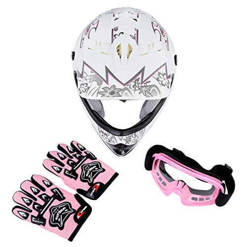 TCTMT DOT Helmet+Goggles +Gloves Youth Kids Helmet Pink Butterfly Dirt Bike Motocross Offroad