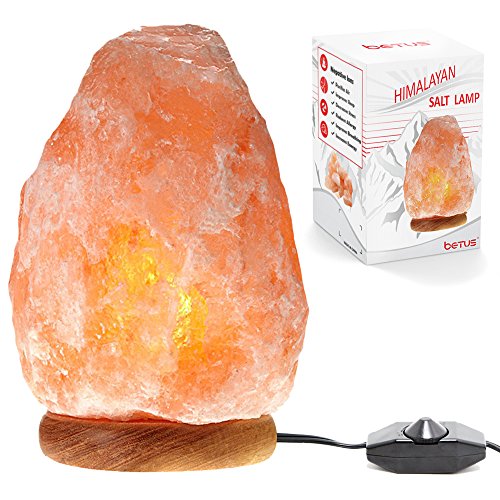 Betus Natural Crystal Himalayan Salt Lamp Hand Carved on Wood Base with Dimmable Cord and Light Bulb - 6 to 7 Inches Height, 3 to 5 Pounds