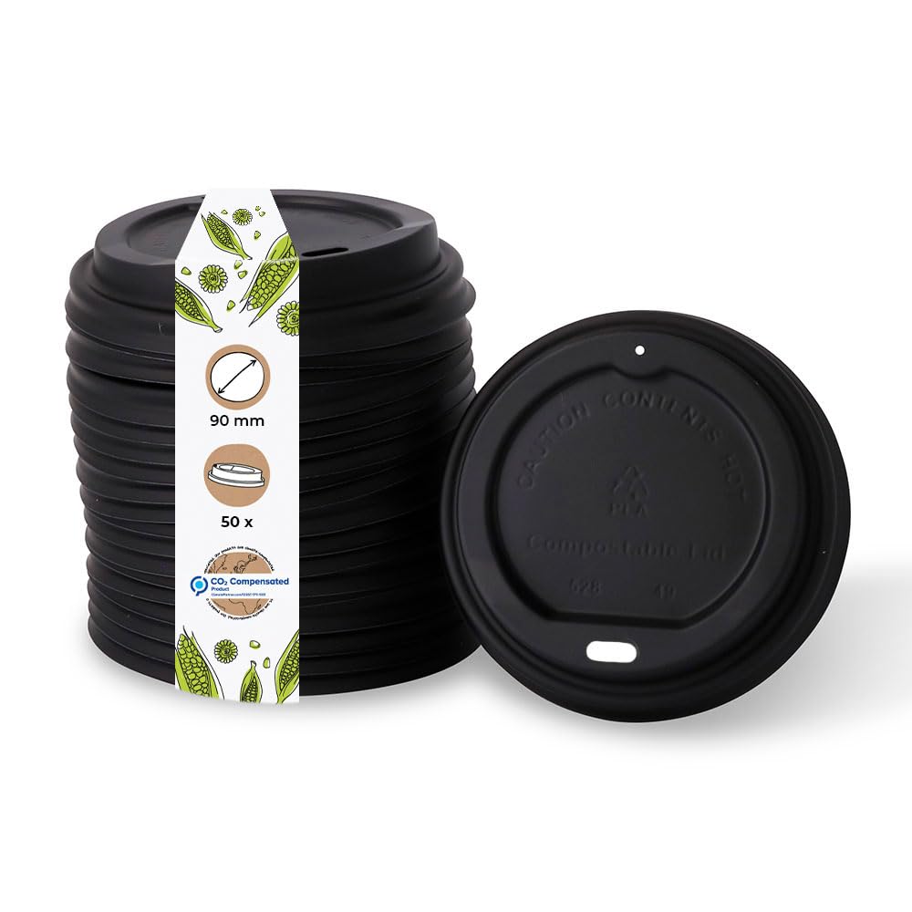 BIOZOYG Coffee To Go Lid for Drinking Cups Ø 90mm I 50 Paper Cup Lids made of CPLA Bioplastic 100% biodegradable, compostable, recyclable I Drinking Cup Lid with Hole black