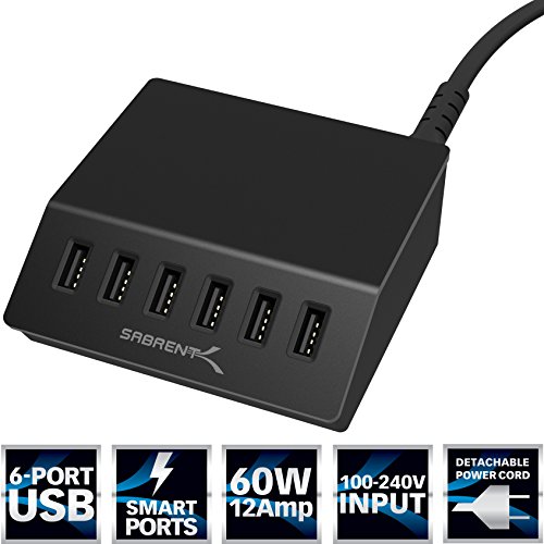 Sabrent Premium 60 Watt (12 Amp) 6-Port Aluminum Family-Sized Desktop USB Rapid Charger. Smart USB Charger with Auto Detect Technology [Black] (AX-FLCH-B)