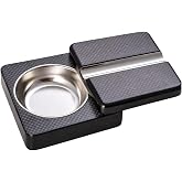 Bey-Berk Single Cigar Ashtray with Compact, Swivel Design 4"x4"x1.75" (LxWxH) Luxury Solid Wood Cigar Ashtray with Stainless Steel Tray for Outdoors, Travel and Indoor Use - Black