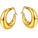 Chunky Gold Hoop Earings for Women Stainless Steel Tube Hoop Lightweight Thick Earrings Hypoallergenic Huggie Earrings for Women Trendy Jewelry Gifts