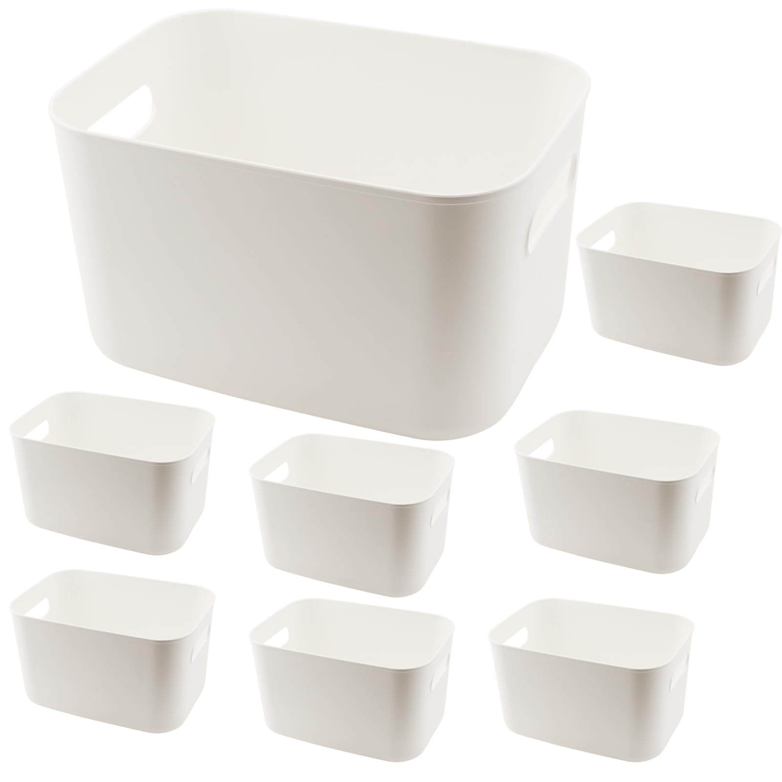 Photo 1 of MAHIONG 8 Pack White Storage Bin with Handles, 10 x 7 x 6.3 Inch Plastic Bathroom Kitchen Organizer Bins for Hand Soap, Shampoos, Hand Towel