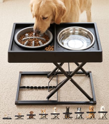 Comedero para Perro Grande de Hierro Macizo Ajustable 9 Alturas(8-44cm), Plato para Perro Plegable y Desmontable, Comedero Elevado para Perro con Platos de Acero y Plato Lento,Plato Elevado para Perro