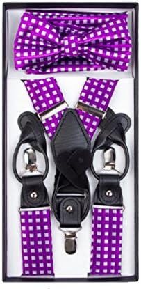 Formal Contemporary Plaid Check Convertible Suspenders Pre-tied Bow Tie &amp; Hankie Set (Purple)
