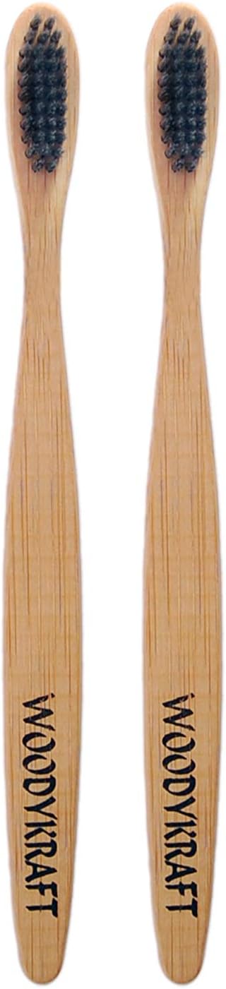 WOODYKRAFT Biodegradable, Eco friendly Adult Bamboo Toothbrush with charcoal bristles Pack of 2