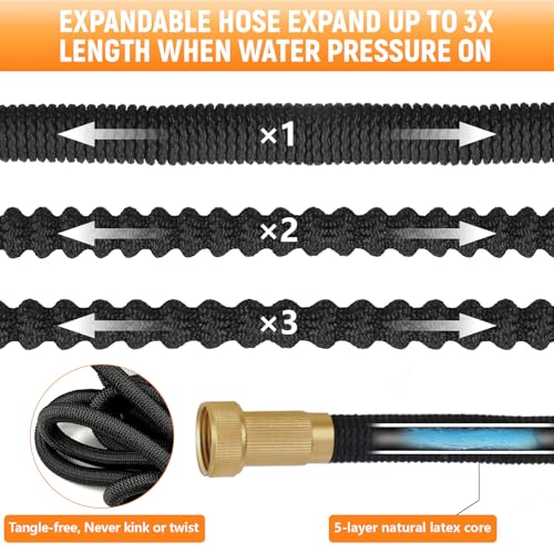 Dcceeo Expandable Garden Hose, 30 m Flexible Garden Hose with Brass Connection, 3/4 Inch and 1/2 Inch, 8 Models of Retractable Expandable Garden Hose for Garden, Watering, Cleaning