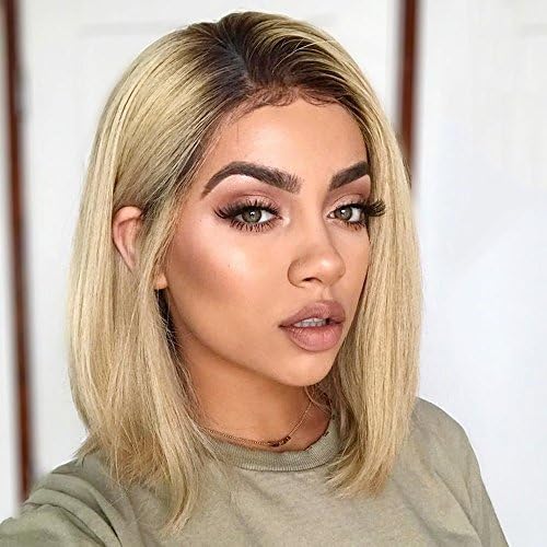 Black to Blond Wig Ombre Bob Short Hair Straight Side Part Pastel Wigs for Black Women 2 Tone Heat Resistant Hair Dark Root Synthetic Wig