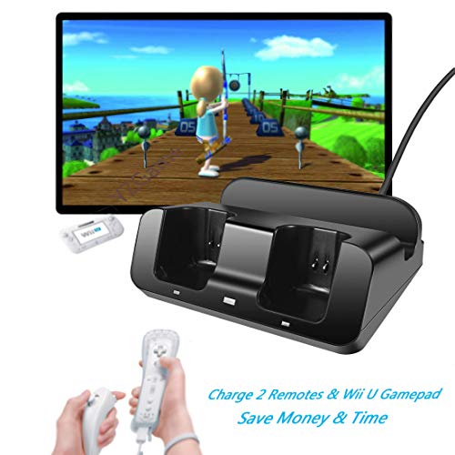 Wii U Charger Dock Station for Wii Remote & Wii U Gamepad with 2 Rechargeable Batteries Charging Cable Led Indicator -Black