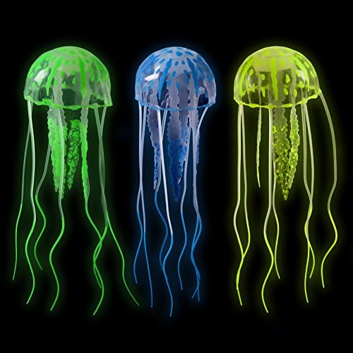 3 pcs 4 x 8.7” Large Artificial Jellyfish Ornament Set Aquarium Fish Tank Decorations Fresh Salt Water Realistic Glowing Effect Actinic Lighting Non Toxic Silicone Thin Invisible Line Suction Cups