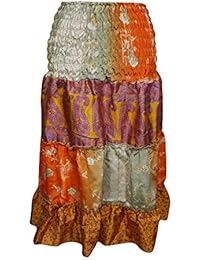 Women's Skirt Orange Tiered Printed Recycled Silk Beach Party Style S/M