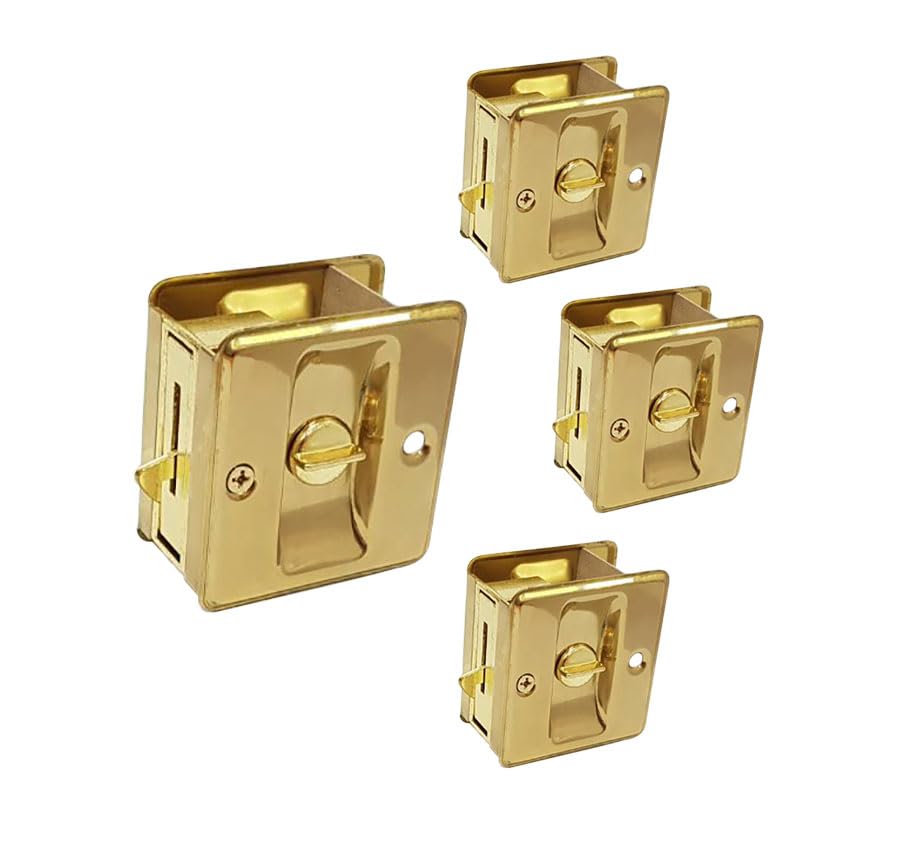 QCAA Solid Brass Sliding Door Pull Door Pocket, Polished Brass, Lockable, 4 Pack, Made in Taiwan Image