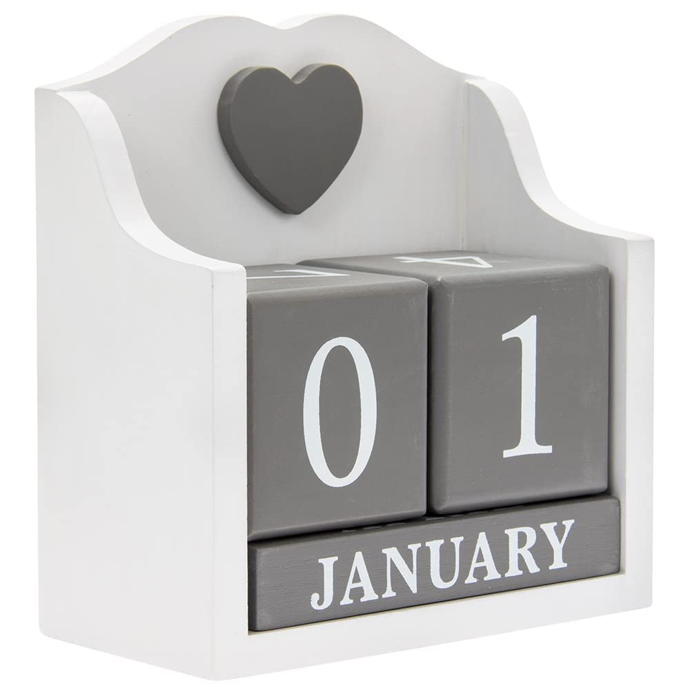 Desktop Perpetual Calendar, White Holder With Contrasting Grey Date/Month Blocks and Heart Detail