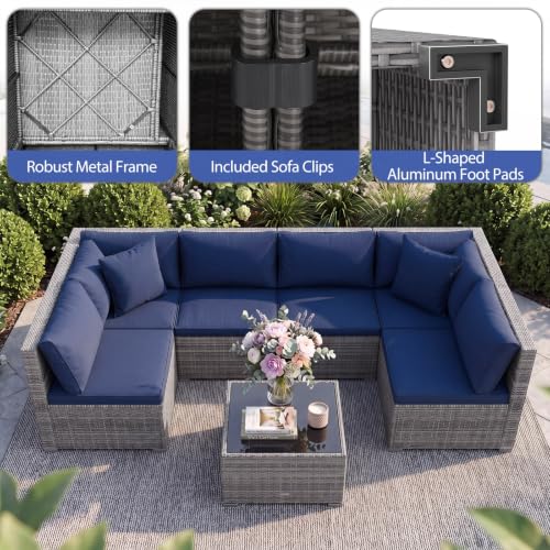 Tangkula 7 Pieces Wicker Patio Furniture Set, Outdoor Sectional Rattan Sofa Set with Seat & Back Cushions, Pillows, Coffee Table, Modular Conversation Set for Backyard, Poolside, Deck & Garden (Navy)