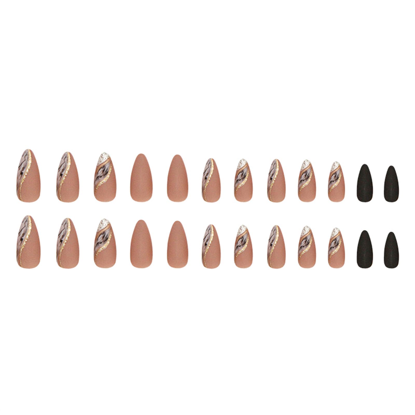 Almond Press on Nails Medium Fake Nails Nude False Nails with Designs Gold Glitter Line Glue on Nails Marble Full Cover Acrylic Nails Brown Matte Stick on Nails for Women 24 Pcs - Image 5