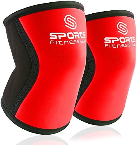 Knee Sleeves (Large) Red by Sports Fitness Labs - 7 mm Knee Support Wraps Best for WODs, Weightlifting, Powerlifting, Bodybuilding, Squats, Plyometics, Fitness - Men &amp; Women - Pair of Knee Sleeves